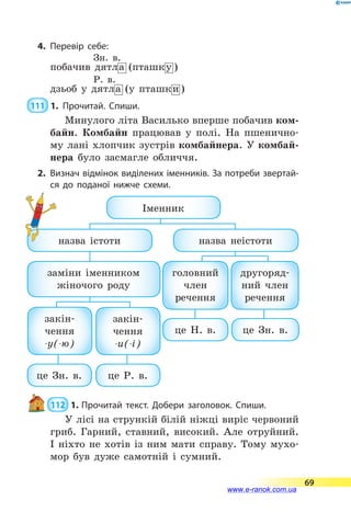 4.	Перевір себе:
Зн. в.
побачив дятла (пташку )
Р. в.
дзьоб у дятла (у пташки )
 111  1.	Прочитай. Спиши.
Минулого літа Василько вперше побачив ком-
байн. Комбайн працював у полі. На пшенично-
му лані хлопчик зустрів комбайнера. У комбай-
нера було засмагле обличчя.
2.	 Визнач відмінок виділених іменників. За потреби звертай­
ся до поданої нижче схеми.
Іменник
назва істоти
це Зн. в.
це Н. в.
це Р. в.
це Зн. в.
заміни іменником
жіночого роду
назва неістоти
головний
член
речення
закін-
чення
-у(-ю)
другоряд-
ний член
речення
закін-
чення
-и(-і)
 112  1.	Прочитай текст. Добери заголовок. Спиши.
У лісі на стрункій білій ніжці виріс червоний
гриб. Гарний, ставний, високий. Але отруйний.
І ніхто не хотів із ним мати справу. Тому мухо-
мор був дуже самотній і сумний.
69
www.e-ranok.com.ua
 