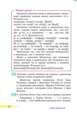 Іменники жіночого роду в давальному і місце-
вому відмінках однини мають закінчення -і(-ї).
Наприклад:
подарував (кому?) сестрі , Марії
пальто (на кому?) на сестрі , на Марії
Іменники чоловічого роду в давальному від-
мінку однини мають закінчення -ові, -еві(-єві)
або -у(-ю), а в місцевому — -ові, -еві(-єві) або
-у(-ю), -і(-ї). Наприклад:
Д. в.: шоферові — шоферу, ковалеві — ковалю,
героєві  — герою, двору — дворові.
М. в.: на шоферові  — на шофері  — по шоферу,
на ковалеві  — на ковалі  — по ковалю, на геро-
єві — на герої — по герою, у дворі — по двору.
Закінчення -ові, -еві(-єві) частіше вживаються
в іменниках, що є назвами істот.
Якщо в мовленні збігаються два іменники
чоловічого роду в давальному або місцевому від-
мінку однини, то їх краще вживати з різними
закінченнями. Наприклад:
Іваненкові Леоніду або Леонідові Іваненку.
Зверни увагу!
 115 	 Прочитай, ставлячи іменники, що в дужках, у давальному
відмінку. Спиши, розкриваючи дужки.
Директор школи подякував (Стус Іван,
Петренко Андрій і Донченко Степан) за участь
у спортивних змаганнях. Марина Гнатівна наді-
слала вітальні телеграми (син Максим і брат
Василь).
 116  1.	 Прочитай. Визнач тему і мету тексту. Добери заголовок.
Товаришів у Сашка багато  — і в школ..,
й у двор.. . Але найбільше дружить він з Ігорем.
72
www.e-ranok.com.ua
 
