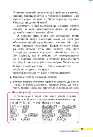 У нього чудовий рожево-сірий чубчик на голові,
кінчик хвоста жовтий з червоною каймою і на
крилах серед жовтих пір’їнок червона смужка.
Справді вродливий птах!
Гостюють у нас омелюхи до початку лютого
місяця. А тоді повертаються назад, на північ,
до  своїх темних вогких лісів.
А скільки ягід з’їдає цей вродливий гість!
Невеликий табун омелюхів може за один раз
обчистити цілий кущ бузини, калини або горо-
бини! Страшні ненажери! Кожен омелюх з’їдає
за  день більше ягід, ніж важить сам. Зате
і  користь велика від цього північного гостя.
Бо насіння, що в ягодах, не перетравлюєть-
ся в  шлунку омелюха, і пташка розсіває його
по  лісу й по садах. (За Олександром Копиленком)
Словничок: омелю5х  — (рос.) свиристель
шлу5нок  — (рос.) желудок
перетра5влюється  — (рос.) переваривается
2.	Перекажи текст за складеним планом.
3.	Випиши виділені іменники парами за зразком до вправи
118 (с. 74). Виділи закінчення. Підкресли букви, що позна­
чають голосні звуки, які чергуються в  основах цих слів.
В українській мові при зміні форм деяких
іменників відбувається чергування голосних зву-
ків [і]  — [о], [і]  — [е]. Наприклад:
fDніс- — у Ddнос-і	
Ddсіль- — Ddсол-і	
Fgпапір- — на Fgпапер-і	
Ddпіч- — у Ddпеч-і	
Зверни увагу!
77
www.e-ranok.com.ua
 