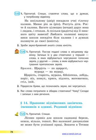  123  1.	Прочитай. Спиши, ставлячи слова, що в дужках,
у  потрібному відмінку.
На шкільному (двір) посадили учні гілочку
калини. Минає рік за (рік). Ростуть діти. Рос-
те й калина. Багато цілющих (ягоди) дарує вона
і людям, і птахам. А скільки (радість) від її пиш-
ного цвіту навесні! Люблять колишні випуск­-
ники школи посидіти біля калини і в думках
полинути до своєї (юність).
2.	Зроби звуко-буквений аналіз слова юність.
 124  1.	Прочитай. Постав подані слова в місцевому від­
мінку. Запиши їх у два стовпчики: у перший  —
слова, в  яких відбувається чергування голосних
звуків, у другий — слова, в яких відбувається чер­
гування приголосних звуків.
Зразок.	 Щирість  — по щирості,
мураха  — на мурасі.
Щирість, старість, мураха, бібліотека, лебідь,
поріг, віз, кожух, крига, підлога, математика,
стіл, іній.
2.	Підкресли букви, що позначають звуки, які чергуються.
3.	Яке слово потрапило в обидва стовпчики? Чому? Склади
і запиши з ним речення.
§ 14. Правопис відмінкових закінчень
іменників в однині. Родовий відмінок
 125  1.	Прочитай. Спиши.
Лісник привіз для школи саджанці берези,
осики, вільхи, тополі. Без належної дисципліни
не може бути успішної праці. Зошити в Тетяни
78
www.e-ranok.com.ua
 