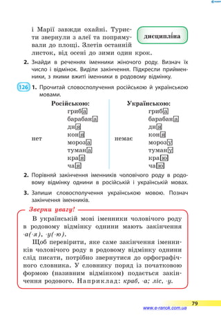 і Марії завжди охайні. Турис-
ти звернули з алеї та попряму-
вали до площі. Злетів останній
листок, від осені до зими один крок.
2.	Знайди в реченнях іменники жіночого роду. Визнач їх
число і відмінок. Виділи закінчення. Підкресли приймен­
ники, з якими вжиті іменники в родовому відмінку.
126  1.	Прочитай словосполучення російською й українською
мовами.
Російською: Українською:
нет немає
2.	Порівняй закінчення іменників чоловічого роду в родо­
вому відмінку однини в російській і українській мовах.
3.	Запиши словосполучення українською мовою. Познач
закінчення іменників.
В українській мові іменники чоловічого роду
в родовому відмінку однини мають закінчення
-а(-я), -у(-ю).
Щоб перевірити, яке саме закінчення іменни-
ків чоловічого роду в родовому відмінку однини
слід писати, потрібно звернутися до орфографіч-
ного словника. У словнику поряд із початковою
формою (називним відмінком) подається закін-
чення родового. Наприклад: краб, -а; ліс, -у.
Зверни увагу!
дисциплі5на
79
www.e-ranok.com.ua
 