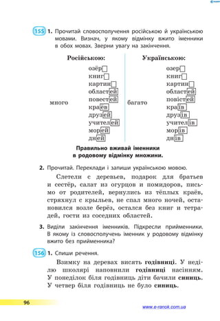  155  1.	Прочитай словосполучення російською й українською
мовами. Визнач, у якому відмінку вжито іменники
в  обох мовах. Зверни увагу на закінчення.
Російською: Українською:
много
озёр8
книг8
картин8
област0ей
повест0ей
кра0ёв
друз0ей
учител0ей
мор0ей
дн0ей
багато
озер8
книг8
картин8
област0ей
повіст0ей
кра0їв
друз0ів
учител0ів
мор0ів
дн0ів
Правильно вживай іменники
в родовому відмінку множини.
2.	Прочитай. Переклади і запиши українською мовою.
Слетели с деревьев, подарок для братьев
и  сестёр, салат из огурцов и помидоров, пись-
мо от родителей, вернулись из тёплых краёв,
стряхнул с крыльев, не спал много ночей, оста-
новился возле берёз, остался без книг и тетра-
дей, гости из соседних областей.
3.	Виділи закінчення іменників. Підкресли прийменники.
В  якому із словосполучень іменник у родовому відмінку
вжито без прийменника?
 156  1.	Спиши речення.
Взимку на деревах висять годівниці. У неді-
лю школярі наповнили годівниці насінням.
У  понеділок біля годівниць діти бачили синиць.
У четвер біля годівниць не було синиць.
96
www.e-ranok.com.ua
 