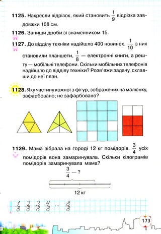 1125. Накресли відрізок, який становить — відрізка зав-
У
довжки 108 см.
1126. Запиши дроби зі знаменником 15.
1
1127. До відділу техніки надійшло 400 новинок. — з них
становили планшети, електронні книги, а реш-
ту — мобільні телефони. Скільки мобільнихтелефонів
надійшло до відділу техніки? Розв’яжи задачу, склав­
ши до неї план.
З
1128. Яку частину кожної з фігур, зображених на малюнку,
зафарбовано; не зафарбовано?
1129. Мама зібрала на городі 12 кг помідорів. — усіх
4
помідорів вона замаринувала. Скільки кілограмів
помідорів замаринувала мама?
1 _ 9
:
 