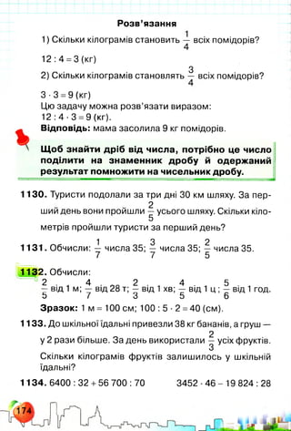 1130. Туристи подолали за три дні ЗО км шляху. За пер-
2
шии день вони проишли — усього шляху. Скільки к іл о -
5
метрів пройшли туристи за перший день?
1 3 2
1131. Обчисли: — числа 35; — числа 35; — числа 35.
7 7 5
1132. Обчисли:
2 4 2 4 5
- від 1 м; — від 28 т; — від 1хв; —від 1ц ;- від 1год.
5 7 3 5 6
Зразок: 1 м = 100 см; 100 : 5 •2 =40 (см).
1133. До шкільної їдальні привезли 38 кг бананів, а груш —
2
у 2 рази більше. За день використали — усіх фруктів.
З
Скільки кілограмів фруктів залишилось у шкільній
їдальні?
1134. 6400 : 32 + 56 700 : 70 3452 ■46 - 19 824 : 28
Розв’язання
1) Скільки кілограмів становить — всіх помідорів?
12:4 =3 (кг)
З
2) Скільки кілограмів становлять — всіх помідорів?
3 -3 =9 (кг)
Цю задачу можна розв’язати виразом:
1 2 :4 -3 =9 (кг).
Відповідь: мама засолила 9 кг помідорів.
Щоб знайти дріб від числа, потрібно це число
поділити на знаменник дробу й одержаний
результат помножити на чисельник дробу.
 