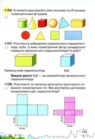 1156. Установіть відповідність між плоскими та об’ємними
геометричними фігурами.
1157. Розгляньте зображення прямокутного паралелепі­
педа, куба. Із яких геометричних фігур складається
поверхня прямокутного паралелепіпеда? А куба?
Прямокутний паралелепіпед Куб
Зверни увагу! Куб — це окремий вид прямокутного
паралелепіпеда.
1158. Розгляньте на малюнку розгортки (розгорнуті по-
у- верхні) геометричних тіл. Яка розгортка допоможе
змоделювати куб; паралелепіпед?
 
