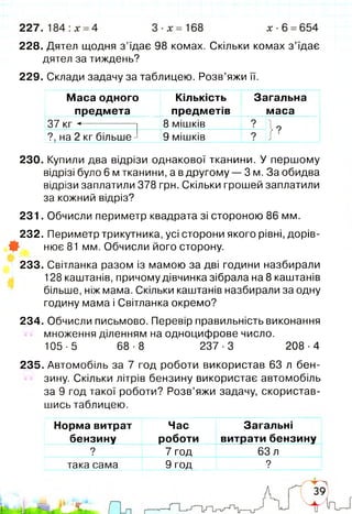 228. Дятел щодня з ’їдає 98 комах. Скільки комах з ’їдає
дятел за тиждень?
229. Склади задачу за таблицею. Розв’яжи її.
Маса одного
предмета
Кількість
предметів
Загальна
маса
37 кг -------------- 8 мішків ?
}??, на 2 кг більше -І 9 мішків ?
230. Купили два відрізи однакової тканини. У першому
відрізі було 6 м тканини, а в другому — 3 м. За обидва
відрізи заплатили 378 грн. Скільки грошей заплатили
за кожний відріз?
231. Обчисли периметр квадрата зі стороною 86 мм.
232. Периметр трикутника, усі сторони якого рівні, дорів-
Ш- нює 81 мм. Обчисли його сторону.
233. Світланка разом із мамою за дві години назбирали
128 каштанів, причому дівчинка зібрала на 8 каштанів
більше, ніж мама. Скільки каштанів назбирали за одну
годину мама і Світланка окремо?
234. Обчисли письмово. Перевір правильність виконання
множення діленням на одноцифрове число.
105-5 68-8 237-3 208-4
235. Автомобіль за 7 год роботи використав 63 л бен­
зину. Скільки літрів бензину використає автомобіль
за 9 год такої роботи? Розв’яжи задачу, скористав­
шись таблицею.
Норма витрат
бензину
Час
роботи
Загальні
витрати бензину
? 7 год 63 л
така сама 9 год ?
 
