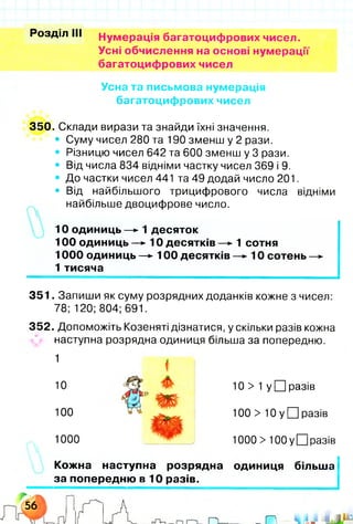 Розділ III Нумерація багатоциф рових чисел.
Усні обчислення на основі нумерації
багатоциф рових чисел
Усна та письмова нумерація
багатоциф рових чисел
350. Склади вирази та знайди їхні значення.
• Суму чисел 280 та 190 зменш у 2 рази.
• Різницю чисел 642 та 600 зменш у 3 рази.
• Від числа 834 відніми частку чисел 369 і 9.
• До частки чисел 441 та 49 додай число 201.
• Від найбільшого трицифрового числа відніми
найбільше двоцифрове число.
10 одиниць — ►1 десяток
100 одиниць —►10 десятків — ►1 сотня
1000 одиниць —►100 десятків — ►10 сотень — ►
1 тисяча
351. Запиши як суму розрядних доданків кожне з чисел:
78; 120; 804; 691.
352. Допоможіть Козеняті дізнатися, у скільки разів кожна
наступна розрядна одиниця більша за попередню.
1
10
100
1000
за
ш
10 > 1 у □ разів
100 > 10 у П разів
1000 > 100 у П разів
Кожна наступна розрядна одиниця більша
за попередню в 10 разів.
56
 