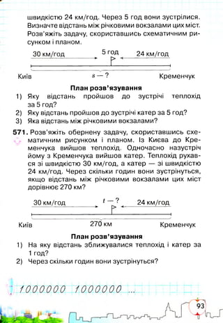 швидкістю 24 км/год. Через 5 год вони зустрілися.
Визначте відстань між річковими вокзалами цих міст.
Розв’яжіть задачу, скориставшись схематичним ри­
сунком і планом.
ЗО км/год_______ ^ 5 Г°Д 24 км/год
і---------------------------------------------------------- 1
ч____________________________ , „__________________________ У
Київ в — ? Кременчук
План розв’язування
1) Яку відстань пройшов до зустрічі теплохід
за 5 год?
2) Яку відстань пройшов до зустрічі катер за 5 год?
3) Яка відстань між річковими вокзалами?
571. Розв’яжіть обернену задачу, скориставшись схе-
^ матичним рисунком і планом. Із Києва до Кре­
менчука вийшов теплохід. Одночасно назустріч
йому з Кременчука вийшов катер. Теплохід рухав­
ся зі швидкістю ЗО км/год, а катер — зі швидкістю
24 км/год. Через скільки годин вони зустрінуться,
якщо відстань між річковими вокзалами цих міст
дорівнює 270 км?
ЗО км/год_______ ^ і ~~ ? < 24 км/год
і---------------------------------------------------------- 1
 У
Київ 270 км Кременчук
План розв’язування
1) На яку відстань зближувалися теплохід і катер за
1 год?
2) Через скільки годин вони зустрінуться?
•/оооооо ш ш ш Ш І...І ІІІII ІІІ±У і : І і
 