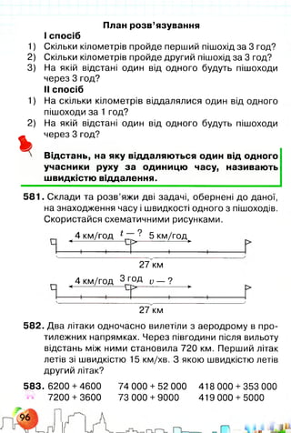 1)
2)
3)
1)
2)
*
План розв’язування
I спосіб
Скільки кілометрів пройде перший пішохід за 3 год?
Скільки кілометрів пройде другий пішохід за 3 год?
На якій відстані один від одного будуть пішоходи
через 3 год?
II спосіб
На скільки кілометрів віддалялися один від одного
пішоходи за 1 год?
На якій відстані один від одного будуть пішоходи
через 3 год?
Відстань, на яку віддаляються один від одного
учасники руху за одиницю часу, називають
швидкістю віддалення.
581. Склади та розв’яжи дві задачі, обернені до даної,
на знаходження часу і швидкості одного з пішоходів.
Скористайся схематичними рисунками.
4 км/год *~ ? 5 км/год
« ----------- 1— - — с > ---------------- 1--------- ►
V
4 км/год З^г
27 км
°Д V — ?
4 С> >
У
27 км
582. Два літаки одночасно вилетіли з аеродрому в про­
тилежних напрямках. Через півгодини після вильоту
відстань між ними становила 720 км. Перший літак
летів зі швидкістю 15 км/хв. З якою швидкістю летів
другий літак?
583. 6200 +4600 74 000 + 52 000 418 000 + 353 000
7200 +3600 73 000 +9000 419 000 + 5000
 