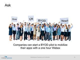 Ask
MobileSpaces Proprietary and Confidential 20
Companies can start a BYOD pilot to mobilize
their apps with a one hour Webex
Give Us
BYOD Now!!
!
 