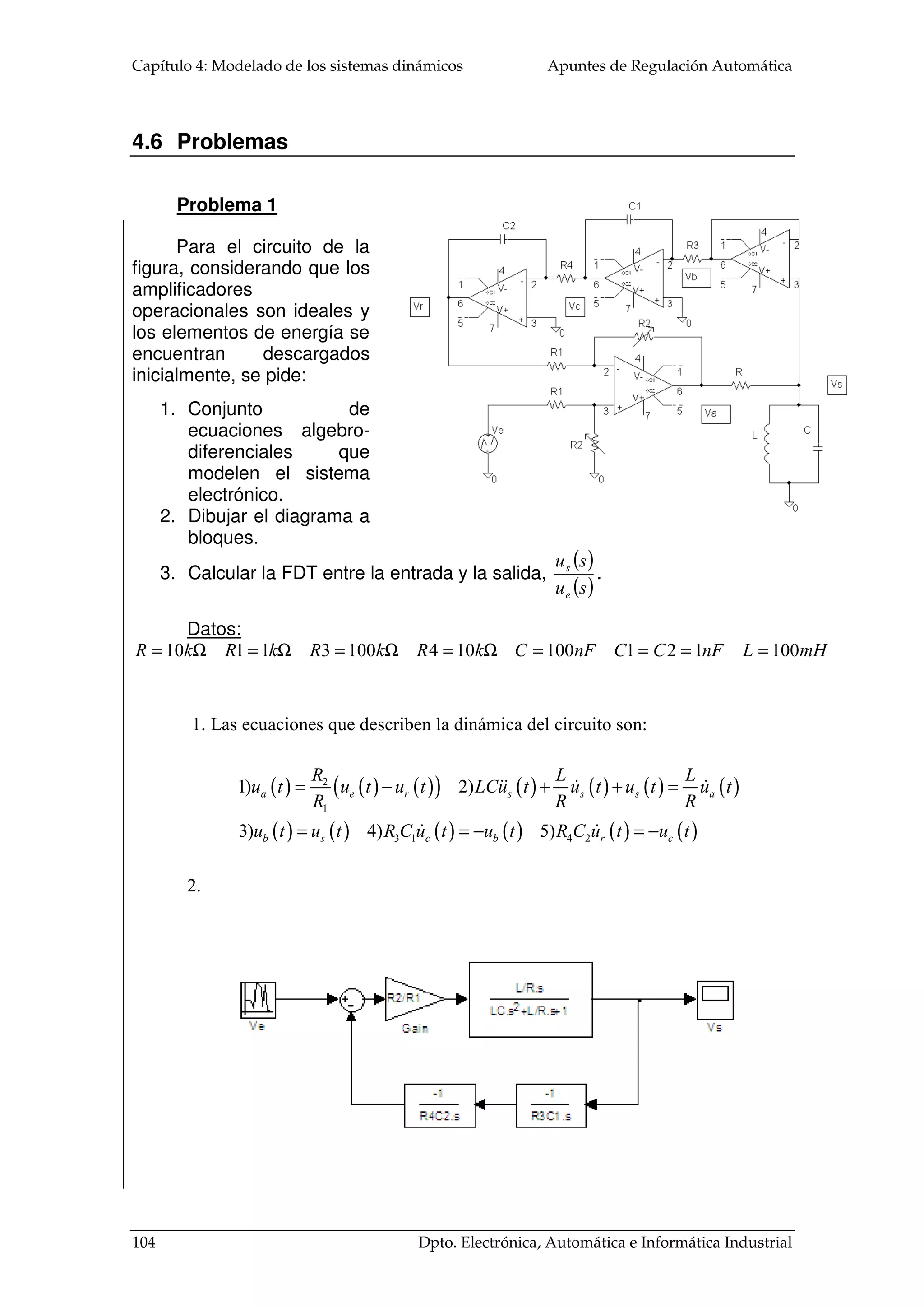 Apuntes de Regulación Automática Capítulo 4: Modelado de los sistemas dinámicos 
4.3 Sistemas electromecánicos 
Muchos de los equipos presentes en la industria son una combinación de 
elementos mecánicos y eléctricos-electrónicos. Posiblemente el motor eléctrico sea el 
mejor exponente de lo comentado. Pero antes de entrar en los motores, se va analizar 
dos transductores asociados a estos. Los motores eléctricos, y en general cualquier 
motor, necesitan de transductores que conviertan sus magnitudes físicas de velocidad y 
desplazamiento angular en señales eléctricas. Los más empleados son los tacómetros y 
en un mayor auge, por su carácter digital, los encoders. 
Los tacómetros son transductor 
que convierten la energía mecánica en 
eléctrica. Suelen ser dinamómetros 
(generador de cc) que dan una tensión 
M 
w 
m 
proporcional a la velocidad angular. El 
+ 
eje del tacómetro está unido 
solidariamente al eje del rotor del 
DT 
u (t ) = k w 
(t ) DT DT m motor. La salida del tacómetro es una 
tensión inducida por la velocidad 
angular del motor. Esta tensión es de 
Figura 4. 10. Dínamo tacométrica 
carácter proporcional a la velocidad y 
está definida por la constante del tacómetro, kDT. El tacómetro es visto por el motor 
como una carga más en su eje. Se suele modelar con un momento de inercia. 
Los encoders o codificadores incrementales son transductor que convierten el 
desplazamiento lineal o rotatorio en un código digital. Un encoder rotativo está 
constituido típicamente por: una fuente de luz (normalmente un led), un disco giratorio 
y una máscara estacionaria, junto con un detector de luz. 
Este transductor se encuentra conectado al rotor 
del motor. Al desplazarse, empezará a girar el disco, 
cuya serigrafía dejará pasar o no la fuente de luz, 
generando pulsos eléctricos. Un mayor número de 
pulsos indicará un mayor desplazamiento. Pero, 
además, el encoder también podrá estimar la velocidad 
angular, como consecuencia de la frecuencia de los 
pulsos de la salida. Cuando se dice que es un 
codificador incremental, indica que la posición que está 
dando es relativa a cuando empezó a contar los pulsos. Este transductor da una posición 
relativa y no absoluta respecto a un punto de referencia, como hacen otros 
transductores, como por ejemplo, un potenciómetro rotativo, cuya tensión de salida es 
proporcional a una posición inicial. 
Dpto. Electrónica, Automática e Informática Industrial 89 
 