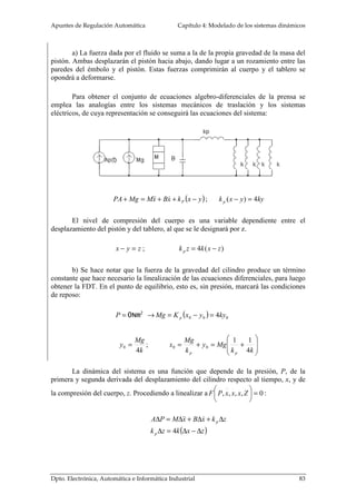 Apuntes de Regulación Automática Capítulo 4: Modelado de los sistemas dinámicos 
(4. 6) 
Donde B es el coeficiente de fricción viscosa. Desde el punto de vista del 
análisis dimensional, las unidades en el sistema internacional de los elementos de 
modelado de los movimientos de traslación están relacionadas con las expresiones (4. 
4), (4. 5) y (4. 6): 
Magnitud Física S.I. 
N 
kg 
N/m 
Ns/m 
K 
Fuerza 
Masa 
k 
B 
la fuerza aplicada a un carro sujeto a la pared 
a través de un muelle y el desplazamiento que 
se produce en éste. La masa del carro es M, el 
B 
coeficiente del resorte es K y el rozamiento 
entre las ruedas y la superficie se modela con el coeficiente de rozamiento B. 
Considere condiciones iniciales nulas. 
X(t) 
f (t) 
f (t) = By(t ) 
Ejemplo 4.1 
Obtener la relación causa efecto entre 
La ecuación diferencial que explica el desplazamiento del carro según el eje X, 
en la misma dirección que la fuerza, es: 
.. . 
F(t) = M x+ Kx + B x 
Aplicando transformadas de Laplace resulta la FDT pedida: 
1 
1 
( ) 
X s 
( ) = = 
F ( s ) 
Ms 2 + Bs 
+ 
G s 
Sistemas análogos 
(4. 7) 
(4. 8) 
Se denominan sistemas análogos aquellos que tienen igual modelo matemático 
pero son diferentes físicamente. Las ventajas que tiene este proceder son dos 
básicamente: 
Dpto. Electrónica, Automática e Informática Industrial 81 
 