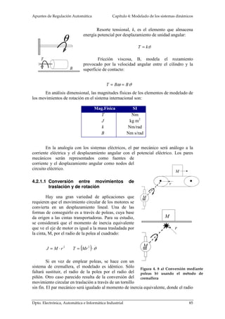 Apuntes de Regulación Automática Capítulo 4: Modelado de los sistemas dinámicos 
a) La fuerza dada por el fluido se suma a la de la propia gravedad de la masa del 
pistón. Ambas desplazarán el pistón hacia abajo, dando lugar a un rozamiento entre las 
paredes del émbolo y el pistón. Estas fuerzas comprimirán al cuerpo y el tablero se 
opondrá a deformarse. 
Para obtener el conjunto de ecuaciones algebro-diferenciales de la prensa se 
emplea las analogías entre los sistemas mecánicos de traslación y los sistemas 
eléctricos, de cuya representación se conseguirá las ecuaciones del sistema: 
PA Mg Mx Bx k (x y) P + = +  + − ; k x y ky p ( − ) = 4 
El nivel de compresión del cuerpo es una variable dependiente entre el 
desplazamiento del pistón y del tablero, al que se le designará por z. 
x − y = z ; k z 4k(x z) p = − 
b) Se hace notar que la fuerza de la gravedad del cilindro produce un término 
constante que hace necesario la linealización de las ecuaciones diferenciales, para luego 
obtener la FDT. En el punto de equilibrio, esto es, sin presión, marcará las condiciones 
de reposo: 
P = 0Nm2 ® ( ) 0 0 0 Mg K x y 4ky p = − = 
 
	 	 

 
 
 