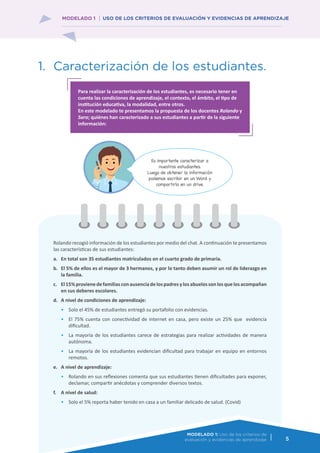 5
1.	 Caracterización de los estudiantes.
	 Rolando recogió información de los estudiantes por medio del chat. A continuación te presentamos
las características de sus estudiantes:
a.	 En total son 35 estudiantes matriculados en el cuarto grado de primaria.
b.	 El 5% de ellos es el mayor de 3 hermanos, y por lo tanto deben asumir un rol de liderazgo en
la familia.
c.	 El15%provienedefamiliasconausenciadelospadresylosabuelossonlosquelosacompañan
en sus deberes escolares.
d.	 A nivel de condiciones de aprendizaje:
•	 Solo el 45% de estudiantes entregó su portafolio con evidencias.
•	 El 75% cuenta con conectividad de internet en casa, pero existe un 25% que evidencia
dificultad.
•	 La mayoría de los estudiantes carece de estrategias para realizar actividades de manera
autónoma.
•	 La mayoría de los estudiantes evidencian dificultad para trabajar en equipo en entornos
remotos.
e.	 A nivel de aprendizaje:
•	 Rolando en sus reflexiones comenta que sus estudiantes tienen dificultades para exponer,
declamar, compartir anécdotas y comprender diversos textos.
f.	 A nivel de salud:
•	 Solo el 5% reporta haber tenido en casa a un familiar delicado de salud. (Covid)
Para realizar la caracterización de los estudiantes, es necesario tener en
cuenta las condiciones de aprendizaje, el contexto, el ámbito, el tipo de
institución educativa, la modalidad, entre otros.
En este modelado te presentamos la propuesta de los docentes Rolando y
Sara; quiénes han caracterizado a sus estudiantes a partir de la siguiente
información:
Es importante caracterizar a
nuestros estudiantes.
Luego de obtener la información
podemos escribir en un Word y
compartirlo en un drive.
MODELADO 1: Uso de los criterios de
evaluación y evidencias de aprendizaje
MODELADO 1 USO DE LOS CRITERIOS DE EVALUACIÓN Y EVIDENCIAS DE APRENDIZAJE
 