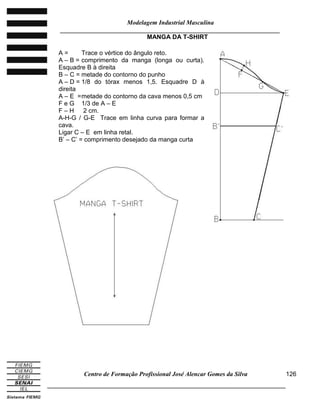 Modelagem Industrial Masculina
______________________________________________________________________
Centro de Formação Profissional José Alencar Gomes da Silva
_____________________________________________________________________________
126
MANGA DA T-SHIRT
A = Trace o vértice do ângulo reto.
A – B = comprimento da manga (longa ou curta).
Esquadre B à direita
B – C = metade do contorno do punho
A – D = 1/8 do tórax menos 1,5. Esquadre D à
direita
A – E =metade do contorno da cava menos 0,5 cm
F e G 1/3 de A – E
F – H 2 cm.
A-H-G / G-E Trace em linha curva para formar a
cava.
Ligar C – E em linha retal.
B’ – C’ = comprimento desejado da manga curta
 