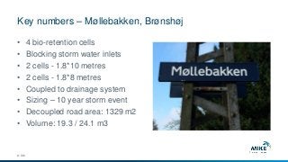 Key numbers – Møllebakken, Brønshøj
© DHI
• 4 bio-retention cells
• Blocking storm water inlets
• 2 cells - 1.8*10 metres
• 2 cells - 1.8*8 metres
• Coupled to drainage system
• Sizing – 10 year storm event
• Decoupled road area: 1329 m2
• Volume: 19.3 / 24.1 m3
 