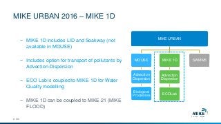 MIKE URBAN 2016 – MIKE 1D
© DHI
MIKE URBAN
MOUSE
Advection
Dispersion
Biological
Processes
SWMM5MIKE 1D
Advection
Dispersion
ECOLab
− MIKE 1D includes LID and Soakway (not
available in MOUSE)
− Includes option for transport of pollutants by
Advection-Dispersion
− ECO Lab is coupled to MIKE 1D for Water
Quality modelling
− MIKE 1D can be coupled to MIKE 21 (MIKE
FLOOD)
 