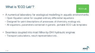 What is “ECO Lab“?
• A numerical laboratory for ecological modelling in aquatic environments
− Open Equation solver for coupled ordinary differential equations
− Designed for point descriptions of processes of chemistry, ecology etc.
− All equations, parameters contained in generic, portable ECO Lab templates
• Seamless coupled into most Mike-by-DHI hydraulic engines
− Transport calculations, result representation etc.
© DHI
ECO Lab
 