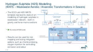 Hydrogen-Sulphide (H2S) Modelling
(WATS – Wastewater Aerobic / Anaerobic Transformations in Sewers)
© DHI
• The ECO Lab H2S WATS
template represents state-of art
modelling of hydrogen sulphide in
wastewater network – both in
gravity and force mains sections
• .
• Results can be used for risk
mapping and sizing mitigation
options such as chemical dosing,
oxygen injection for controlling
corrosion and odour
 