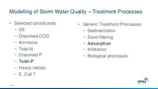 Modelling of Storm Water Quality – Treatment Processes
© DHI
• Selected constituents
− SS
− Dissolved COD
− Ammonia
− Total-N
− Dissolved P
− Total-P
− Heavy metals
− E. Coli ?
• Generic Treatment Processes
− Sedimentation
− Sand filtering
− Adsorption
− Infiltration
− Biological processes
 