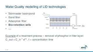 Water Quality modelling of LID technologies
© DHI
• Stormwater basin/pond
• Sand filter
• Adsorption filter
• Bio-retention cells
• …
Example of a treatment process – removal of phosphor in filter layer:
C_out = C_in * ek*t , t = concentration time
 
