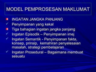MODEL PEMPROSESAN MAKLUMAT

    INGATAN JANGKA PANJANG
   Penyimpanan yang kekal
    Tiga bahagian ingatan jangka panjang
   Ingatan Episodik – Penyimpanan imej
   Ingatan Semantik - Penyimpanan fakta,
    konsep, prinsip, kemahiran penyelesaian
    masalah, strategi pembelajaran
   Ingatan Prosedural – Bagaimana membuat
    sesuatu
 