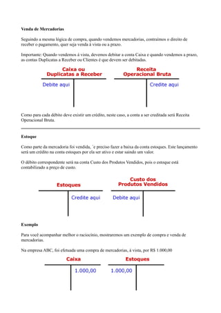 Venda de Mercadorias

Seguindo a mesma lógica de compra, quando vendemos mercadorias, contraímos o direito de
receber o pagamento, quer seja venda á vista ou a prazo.

Importante: Quando vendemos á vista, devemos debitar a conta Caixa e quando vendemos a prazo,
as contas Duplicatas a Receber ou Clientes é que devem ser debitadas.




Como para cada débito deve existir um crédito, neste caso, a conta a ser creditada será Receita
Operacional Bruta.


Estoque

Como parte da mercadoria foi vendida, ´e preciso fazer a baixa da conta estoques. Este lançamento
será um crédito na conta estoques por ela ser ativo e estar saindo um valor.

O débito correspondente será na conta Custo dos Produtos Vendidos, pois o estoque está
contabilizado a preço de custo.




Exemplo

Para você acompanhar melhor o raciocínio, mostraremos um exemplo de compra e venda de
mercadorias.

Na empresa ABC, foi efetuada uma compra de mercadorias, á vista, por R$ 1.000,00
 