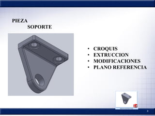 8
PIEZA
SOPORTE
• CROQUIS
• EXTRUCCION
• MODIFICACIONES
• PLANO REFERENCIA
 
