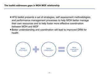 - 3 -
The toolkit addresses gaps in MOH MOF relationship
 HFG toolkit presents a set of strategies, self assessment methodologies
and performance management processes to help MOH better manage
their own resources and to help foster more effective coordination
between MOH and MOF
 Better understanding and coordination will lead to improved DRM for
health
Better
information
Better
collaboration
More
revenue for
health
 