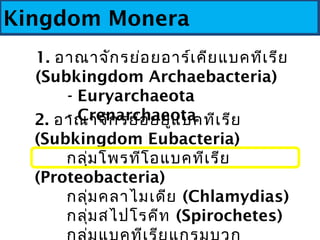Kingdom Monera
2. อาณาจักรย่อยยูแบคทีเรีย
(Subkingdom Eubacteria)
กลุ่มโพรทีโอแบคทีเรีย
(Proteobacteria) 
กลุ่มคลาไมเดีย (...