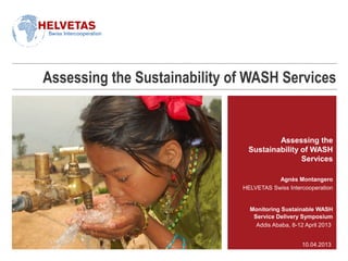 Assessing the Sustainability of WASH Services


                                       Assessing the
                               Sustainability of WASH
                                              Services

                                         Agnès Montangero
                              HELVETAS Swiss Intercooperation


                                Monitoring Sustainable WASH
                                 Service Delivery Symposium
                                  Addis Ababa, 8-12 April 2013


                                                  10.04.2013
 