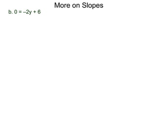 b. 0 = –2y + 6
More on Slopes
 