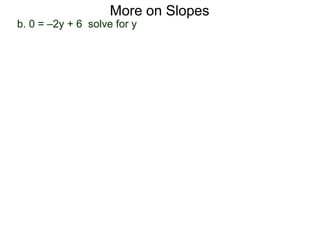 b. 0 = –2y + 6 solve for y
More on Slopes
 