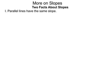 Two Facts About Slopes
I. Parallel lines have the same slope.
More on Slopes
 