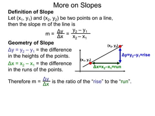 Definition of Slope
Let (x1, y1) and (x2, y2) be two points on a line,
then the slope m of the line is
Δy
Δx
y2 – y1
x2 – x1
m = =
(x1, y1)
(x2, y2)
Δy=y2–y1=rise
Δx=x2–x1=run
Geometry of Slope
Δy = y2 – y1 = the difference
in the heights of the points.
Δx = x2 – x1 = the difference
in the runs of the points.
Δy
Δx
=Therefore m is the ratio of the “rise” to the “run”.
More on Slopes
 