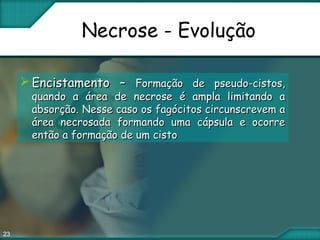 23
Necrose - Evolução
 Encistamento –Encistamento – Formação de pseudo-cistos,Formação de pseudo-cistos,
quando a área de necrose é ampla limitando aquando a área de necrose é ampla limitando a
absorção. Nesse caso os fagócitos circunscrevem aabsorção. Nesse caso os fagócitos circunscrevem a
área necrosada formando uma cápsula e ocorreárea necrosada formando uma cápsula e ocorre
então a formação de um cistoentão a formação de um cisto
 