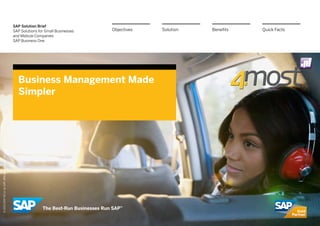 SAP Solution Brief
SAP Solutions for Small Businesses
and Midsize Companies
SAP Business One
Business Management Made
Simpler
BenefitsSolutionObjectives Quick Facts
©2013SAPAGoranSAPaffiliatecompany.Allrightsreserved.
 