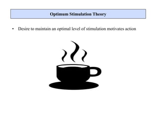 • Desire to maintain an optimal level of stimulation motivates action
Optimum Stimulation Theory
 