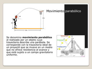 MovimientoparabólicoSe denomina movimiento parabólico al realizado por un objeto cuya trayectoria describe una parábola. Se corresponde con la trayectoria ideal de un proyectil que se mueve en un medio que no ofrece resistencia al avance y que está sujeto a un campo gravitatorio uniforme.