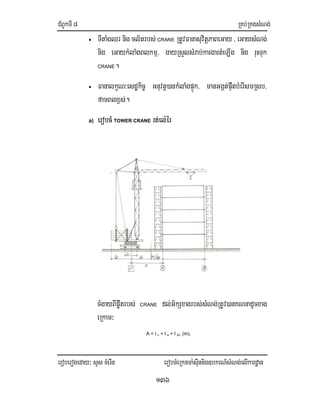 CMBUkTI8 RKb;RKgsMNg;
eroberogeday³ sYs cMerIn erobcMeRknma:sIunnig]bkrN_sMNg;elIkardæan
136
• TItaMgQr nig cl½trbs; CRANE RtUvFanasuvitþPaBeGay / eGaysMNg;
nig eGaykMlaMgBlkmµ/ gayRsYlsMrab;kargartMeLIg nig ruHTuk
CRANE.
• FanalkçN³esdækic© Gnuvtþ)ankMlaMgpÞúk/ manGgát;pÞwtbMerIsmRsb/
famBlx<s;.
a) erobcM TOWER CRANE rt;el:ér
cMgayBIpw©trbs; CRANE dl;G½kSxagrbs;sMNg;RtUv)anKNnadUcxag
eRkam³
A = l c + l s + l sf, (m),
 