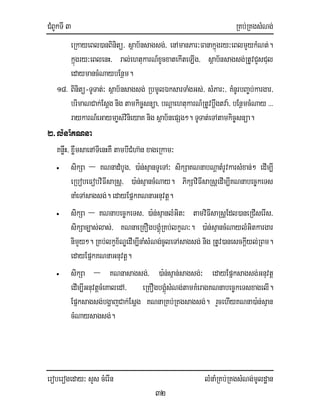 CMBUkTI 3 RKb;RKgsMNg;
eroberogeday³ sYs cMerIn lMnaMRKb;RKgsMNg;mUldæan
32
eRkayeBl)anBinitü/ sßab½nsagsg;/ enAmanPar³Fanakñúgry³eBlmYykMNt;.
kñúgry³eBlenH/ ral;ehtukarN_xUcxatekIteLIg/ sßab½nsagsg;RtUvCYsCul
edaymancMNaybEnßm.
18> Binitü-TUTat;³ sßab½nsagsg; RbmUlÉksarTaMgGs;/ sMPar³/ KMnUrbBa©b;kargar/
brimaNCak;Esþg nig tamkic©snüa/ bNþaehtukarN_RtUvbþwgtva:/ bEnßmcMNay >>>
raykarN_eGayma©s;vinieyaK nig sßab½nepSg². TUTat;eTAtamkic©snüa.
2>lMnaMKNna
KnøwH/ xøwmsaenATIenHKW tambICMha‘n xageRkam³
• sikSa – KNnadMbUg/ )a:n;sµanTUeTA³ sikSaKNnabNþatMrUvkarsMxan;² edIm,I
eRbobeFobviFIsaRsþ/ )a:n;sµancMNay. PikSaviFIsaRsþedIm,IKNnabec©keTs
naMeTAsagsg;. edayEpñkKNnaGnuvtþ.
• sikSa – KNnabec©keTs/ )a:n;sµanlMGit³ tamviFIsaRsþEdl)aneRCIserIs/
sikSac,as;las;/ KNnaeRKOgbgÁúMRKb;lkçN³. )a:n;sµancMNaylMGitkargar
nimYy². RKb;lkçx½NÐedIm,InaMsMNg;cUleTAsagsg; nig RtUv)anesckIþyl;RBm.
edayEpñkKNnaGnuvtþ.
• sikSa – KNnasagsg;/ )a:n;sµan;sagsg;³ edayEpñksagsg;Gnuvtþ
edIm,IGnuvtþcMeKaledA/ eRKOgbgÁúMsMNg;tamKMeragKNnabec©keTsxagelI.
Epñksagsg;bgðajCak;Esþg KNnaRKb;RKgsagsg;. rYcehIyKNna)a:n;sµan
cMNaysagsg;.
 