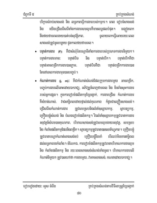 CMBUkTI 5 RKb;RKgsMNg;
eroberogeday³ sYs cMerIn RKb;RKgsMNg;tamviFIsaRsþExScgVak;
80
brikçarsMrab;sagsg; nig lT§PaBeFIVkargarrbs;kmµkr. eBl erobcMsagsg;
nig eyIgeRCIserIsTItaMgkargarsmlµmKWmanlT§plbMput. ceg¥óteBk
nwgfyfamBlgay)at;bg;suvtiþPaB/ TUlayeBkeFIVeGayry³eBl
sagsg;RtUvGUsbnøayCYnkalfyfamBl.
• bnÞat;kargar (F): KWCasMNMuénbNþaTItaMgkargarrbs;RbePTkargarnimYy².
bnÞat;kargarman³ bnÞat;biT nig bnÞat;ebIk. bnÞat;ebIkKWCa
bnÞat;GacBRgIkkargar)anPøam/ bnÞat;biTKWCa bnÞat;BRgIkkargar)an
EtenAeBlkargarmun)anbBa©b;.
• kMNat;kargar (j, m)³ KWCakMNat;sMNg;EdlRkumkargarmYy GacBRgIk/
bBa©b;kargarelIenaHedayÉkraCü/ GPivDÄn_eBjfamBl nig minraMgsÞHkargar
rbs;GñkepSg. kñúgkarerobcMplitkmµExScgVak;/ kargareRCIs kMNat;kargar
KWsMxan;Nas;/ vaCHTi§BledaypÞal;dl;KuNPaB k_dUcCael,Ónsagsg;.
eRCIserIskMNat;kargar RtUvsmRsbniglMnaM]sSahkmµ/ sßabtükmµ/
eRKÓgbgÁúMsMNg; nig bMNgerobcMplitkmµ. rIÉlMnaM]sSahkmµRtUvFanakargar
Gnuvtþn_sMerc)anKuNPaB/ brimaNsagsg;RtUvsmlµmgayGnuvtþ/ smRsb
nigkMlaMgplitkmµEdlnigBRgIk.saßbtükmµRtUvFana)anesaP½NÐPaB. eRKOgbgÁúM
RtUvFanabNþakMNat;sagsg;cb; eRKOgbgÁúMrwgmaM ebIQb;minmanTi§Bl
dl;lT§PaBrgkMlaMg. cMENkÉ/ karerobcMplitkmµRtUvFanabrimaNkargarlµm
nig kMlaMgplitkmµ nig ry³eBlsagsg;sMNg;TaMgmUl. brimaNkargarelI
kMNat;nimYy²RtUv)anehAfakargarmYy/vaGacsagsg;/KNnaedayÉkraCü.
 