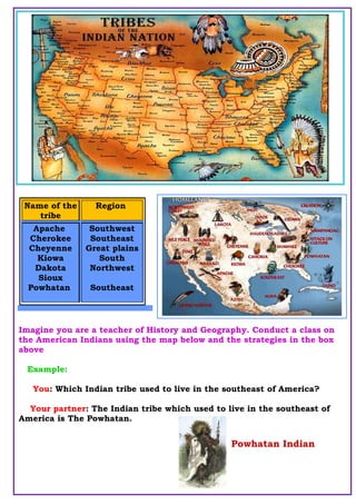 Imagine you are a teacher of History and Geography. Conduct a class on
the American Indians using the map below and the strategies in the box
above
Example:
You: Which Indian tribe used to live in the southeast of America?
Your partner: The Indian tribe which used to live in the southeast of
America is The Powhatan.
Name of the
tribe
Region
Apache
Cherokee
Cheyenne
Kiowa
Dakota
Sioux
Powhatan
Southwest
Southeast
Great plains
South
Northwest
Southeast
Powhatan Indian
 