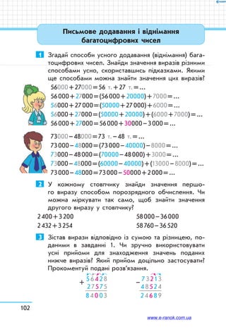 102
Письмове додавання і віднімання
багатоцифрових чисел
1	 Згадай способи усного додавання (віднімання) бага-
тоцифрових чисел. Знайди значення виразів різними
способами усно, скориставшись підказками. Якими
ще способами можна знайти значення цих виразів?
56000 + 27000 = 56 т. + 27 т. = ...
56 000 + 27000 = (56 000 + 20000) + 7000 = ...
56000 + 27 000 = (50000 + 27 000) + 6000 = ...
56000 + 27000 = (50000 + 20000) + (6000 + 7000) = ...
56 000 + 27000 = 56 000 + 30000 – 3 000 = ...
73000 – 48000 = 73 т. – 48 т. = ...
73 000 – 48000 = (73 000 – 40000) – 8000 = ...
73000 – 48 000 = (70000 – 48 000) + 3000 = ...
73000 – 48000 = (60000 – 40000) + (13000 – 8000) = ...
73 000 – 48000 = 73 000 – 50000 + 2 000 = ...
2	 У кожному стовпчику знайди значення першо-
го виразу способом порозрядного обчислення. Чи
можна міркувати так само, щоб знайти значення
другого виразу у стовпчику?
2 400 + 3 200	 	 58 000 – 36 000
2 432 + 3 254	 	 58 760 – 36 520
3	 Зістав вирази відповідно із сумою та різницею, по-
даними в завданні 1. Чи зручно використовувати
усні прийоми для знаходження значень поданих
нижче виразів? Який прийом доцільно застосувати?
Прокоментуй подані роз­в’я­зання.
  56428
27575
84 0 03
+
                        
  73213
48524
24689
–
www.e-ranok.com.ua
 