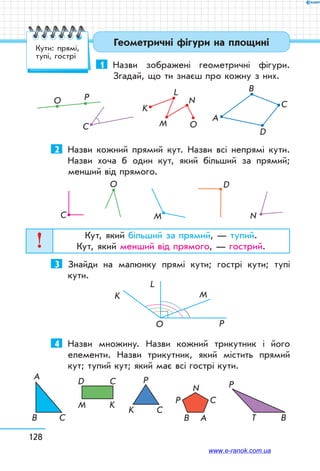 128
Геометричні фігури на площиніКути: прямі,
тупі, гострі
1	 Назви зображені геометричні фігури.
Згадай, що ти знаєш про кожну з них.
A
B
C
D
O
N
M
L
K
C
O P
2	 Назви кожний прямий кут. Назви всі непрямі кути.
Назви хоча б один кут, який більший за прямий;
менший від прямого.
D
NMC
O
Кут, який більший за прямий, — тупий.
Кут, який менший від прямого, — гострий.
3	 Знайди на малюнку прямі кути; гострі кути; тупі
кути.
OO
K
L
M
P
4	 Назви множину. Назви кожний трикутник і його
елементи. Назви трикутник, який містить прямий
кут; тупий кут; який має всі гострі кути.
B C
A P
K C
P
T BB A
CP
N
M
D
K
C
www.e-ranok.com.ua
 