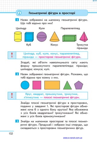 132
Геометричні фігури в просторі
1	 Назви зображені на малюнку геометричні фігури.
Що тобі відомо про них?
Циліндр 	 Куля	 Паралелепіпед
	 Куб	 Конус	 Трикутна
			 піраміда
Циліндр, куб, куля, конус, паралелепіпед,
піраміда — просторові геометричні фігури.
Згадай, які об’єкти навколишнього світу мають
форму прямокутного паралелепіпеда; піраміди;
циліндра; конуса; кулі.
2	 Назви зображені геометричні фігури. Розкажи, що
тобі відомо про кожну з них.
Круг, квадрат, прямокутник, трикутник,
п’ятикутник — плоскі геометричні фігури.
Знайди плоскі геометричні фігури в просторових,
поданих у завданні 1. Які просторові фігури обме-
жені хоча б з одного боку кругом? Яка обмежена
з усіх боків квадратами? трикутниками? Які обме-
жені з усіх боків прямокутниками?
3	 Знайди на малюнках просторові та плоскі геомет­
ричні фігури. Придумай і зобрази інші споруди, що
складаються з просторових геометричних фігур.
www.e-ranok.com.ua
 