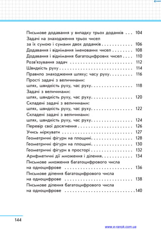 144
Письмове додавання у випадку трьох доданків . . . . 104
Задачі на знаходження трьох чисел
за їх сумою і сумами двох доданків  . . . . . . . . . . . . 106
Додавання і віднімання іменованих чисел . . . . . . . . . 108
Додавання і віднімання багатоцифрових чисел  . . . . 110
Розв’язування задач  . . . . . . . . . . . . . . . . . . . . . . . . 112
Швидкість руху  . . . . . . . . . . . . . . . . . . . . . . . . . . . . 114
Правило знаходження шляху; часу руху . . . . . . . . . 116
Прості задачі з величинами:
шлях, швидкість руху, час руху . . . . . . . . . . . . . . . . 118
Задачі з величинами:
шлях, швидкість руху, час руху . . . . . . . . . . . . . . . . 120
Складені задачі з величинами:
шлях, швидкість руху, час руху . . . . . . . . . . . . . . . . 122
Складені задачі з величинами:
шлях, швидкість руху, час руху . . . . . . . . . . . . . . . . 124
Перевір свої досягнення . . . . . . . . . . . . . . . . . . . . . . 126
Учись міркувати . . . . . . . . . . . . . . . . . . . . . . . . . . . . 127
Геометричні фігури на площині . . . . . . . . . . . . . . . . 128
Геометричні фігури на площині . . . . . . . . . . . . . . . . 130
Геометричні фігури в просторі . . . . . . . . . . . . . . . . . 132
Арифметичні дії множення і ділення . . . . . . . . . . . . 134
Письмове множення багатоцифрового числа
на одноцифрове  . . . . . . . . . . . . . . . . . . . . . . . . . . . 136
Письмове ділення багатоцифрового числа
на одноцифрове  . . . . . . . . . . . . . . . . . . . . . . . . . . . 138
Письмове ділення багатоцифрового числа
на одноцифрове  . . . . . . . . . . . . . . . . . . . . . . . . . . . 140
www.e-ranok.com.ua
 