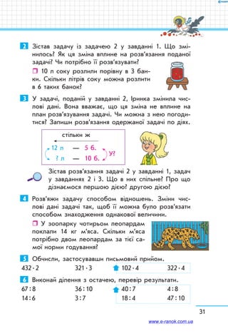 31
2	 Зістав задачу із задачею 2 у завданні 1. Що змі-
нилось? Як ця зміна вплине на розв’язання поданої
задачі? Чи потрібно її розв’язувати?
ˆˆ 10 л соку розлили порівну в 3 бан-
ки. Скільки літрів соку можна розлити
в 6 таких банок?
3	 У задачі, поданій у завданні 2, Іринка змінила чис-
лові дані. Вона вважає, що ця зміна не вплине на
план розв’язування задачі. Чи можна з нею погоди-
тися? Запиши розв’язання одержаної задачі по діях.
	 стільки ж
	
12 л	 —	 5 б.
? л	 —	 10 б.
У?
Зістав розв’язання задачі 2 у завданні 1, задач
у завданнях 2 і 3. Що в них спільне? Про що
дізнаємося першою дією? другою дією?
4	 Розв’яжи задачу способом відношень. Зміни чис-
лові дані задачі так, щоб її можна було розв’язати
способом знаходження однакової величини.
ˆˆ У зоопарку чотирьом леопардам
поклали 14 кг м’яса. Скільки м’яса
потрібно двом леопардам за тієї са-
мої норми годування?
5	 Обчисли, застосувавши письмовий прийом.
432 . 2	 321 . 3	 102 . 4	 322 . 4
6	 Виконай ділення з остачею, перевір результати.
67 : 8	 36 : 10	 40 : 7	 4 : 8
14 : 6	 3 : 7	 18 : 4	 47 : 10
www.e-ranok.com.ua
 