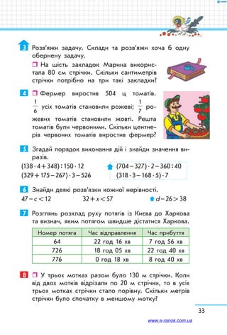 33
3	 Розв’яжи задачу. Склади та розв’яжи хоча б одну
обернену задачу.
ˆˆ На шість закладок Марина викорис-
тала 80 см стрічки. Скільки сантиметрів
стрічки потрібно на три такі закладки?
4	    Фермер виростив 504 ц томатів.
1
6
усіх томатів становили рожеві;
1
7
ро-
жевих томатів становили жовті. Решта
томатів були червоними. Скільки центне-
рів червоних томатів виростив фермер?
5	 Згадай порядок виконання дій і знайди значення ви-
разів.
(138 . 4 + 348) : 150 . 12	  (704 – 327) . 2 – 360 : 40
(329 + 175 – 267) . 3 – 526	  (318 . 3 – 168 . 5) . 7
6	 Знайди деякі розв’язки кожної нерівності.
47 – с  12	 32 + x  57	  d – 26  38
7	 Розглянь розклад руху потягів із Києва до Харкова
та визнач, яким потягом швидше дістатися Харкова.
Номер потяга Час відправлення Час прибуття
64 22 год 16 хв 7 год 56 хв
726 18 год 05 хв 22 год 40 хв
776 0 год 18 хв 8 год 40 хв
8	  У трьох мотках разом було 130 м стрічки. Коли
від двох мотків відрізали по 20 м стрічки, то в усіх
трьох мотках стрічки стало порівну. Скільки метрів
стрічки було спочатку в меншому мотку?
www.e-ranok.com.ua
 