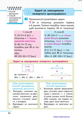 34
Задачі на знаходження
четвертого пропорційного
1	 Прокоментуй розв’язання задачі.
ˆˆ 24 кг полуниць розклали порівну
в 6 ящиків. Скільки потрібно таких ящиків,
щоб розкласти порівну 48 кг полуниць?
І спосіб
1)	 24 : 6 = 4 (кг) —
полу­ниць в 1 ящику,
однакова величина.
2)	48 : 4 = 12 ящ.
потрібно для 48 кг по-
луниць.
Або:
48 : (24 : 6) = 12 (ящ.)
ІІ спосіб
1)	 48 : 24 = 2 — у стільки
разів більше розклали
полуниць, тому у стільки
ж разів більше потрібно
ящиків.
2)	6 . 2 = 12 (ящ.) — по-
трібно для 48 кг полуниць.
Або: 6 . (48 : 24) = 12 (ящ.)
а – b
c – d,
де шуканим є
або а, або b, або c, або d
План розв’язування
(спосіб знаходження
однакової величини)
1.	Знаходжу значення од-
накової величини за відо-
мими значеннями двох
величин стосовно одно-
го з випадків.
2.	Відповідаю на запитання
задачі.
План розв’язування
(спосіб відношень)
1.	Визначаю кратне відношення
двох числових даних відносно
однієї з величин — у стільки
ж разів шукане число більше
(або менше), ніж подане чи-
лове дане іншої величини.
2.	Відповідаю на запитання за-
дачі.
c
d
b
а
Задачі на знаходження четвертого пропорційного
™™ Спосіб
відношень
™™ Спосіб
знаходження
однакової
величини
www.e-ranok.com.ua
 